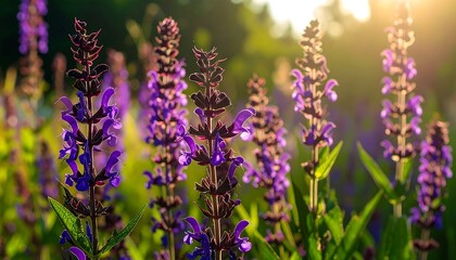 Vibrant purple sage flowers bathed in sunlight