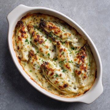 Baked Belgian endives in creamy cheese sauce in white dish