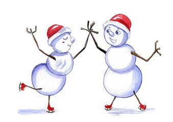 A cheerful watercolor illustration of two snowmen wearing Santa hats and ice skating, holding hands. Winter sport, holiday, and Christmas fun concept on a transparent background.