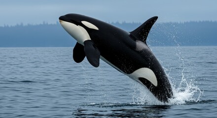 Fototapeta premium Spectacular orca leaps from the ocean waters with forested mountains backdrop