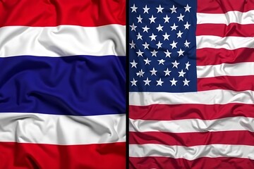Flags of Thailand and America. International partnership, diplomacy, cultural exchange, and cooperation between Thai and USA. Global relations, trade agreements, and friendly collaboration