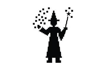 Wizard with pointed hat casts a spell using his wand, creating magical stars