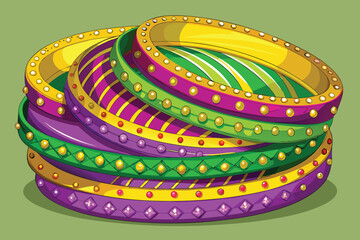 Assortment of Colorful Indian Bangles with Gold Beads and Patterns on Green Background