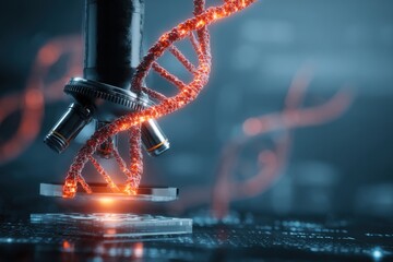 Microscope examining a glowing red dna helix in a futuristic laboratory setting