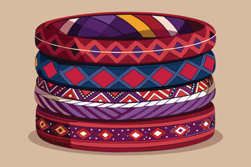 Stack of Ethnic Bangles with Geometric Patterns in Red, Blue, and Purple Hues bracelets