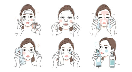 Illustrations of a Woman's Daily Skincare Routine Steps Explained Visually for Healthy Radiant Complexion