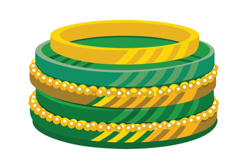 Stack of Green and Gold Bangles with Pearl Accents on White Background Keywords: Green bangles, gold bangles, stacked bangles, pearl accents