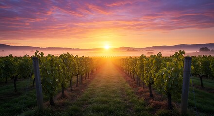 Stunning view of a vineyard at dawn. The sun bursts over distant hills, lighting up the morning mist and the vibrant orange and purple clouds above