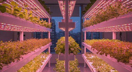 Hydroponic system with rows of plants on shelves under red LED grow lights. The future of food production and innovative indoor farming