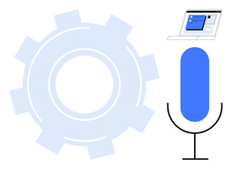 Gear, microphone, and screen interface representing voice recognition, automation, AI, tech integration, workflow optimization, digital communication and innovation. Ideal for AI speech tech