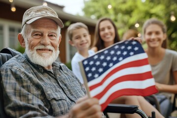 Senior veteran man holding american flag with family