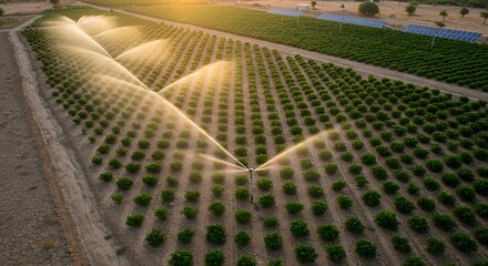 Golden hour over a modern farm. Irrigation sprinklers spray water over growing crops, with a solar farm providing clean energy as the sun sets