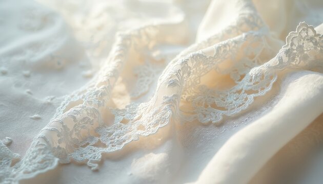 Close-up of white, elegant lace fabric with intricate floral embroidery. Delicate, soft, romantic textile material. Bridal apparel background with mesh, ornate details. Fashion, luxury design element.