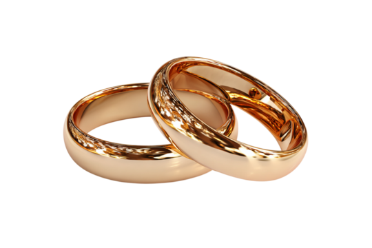 Two interlocked gold wedding rings on isolated on a transparent background in PNG format.