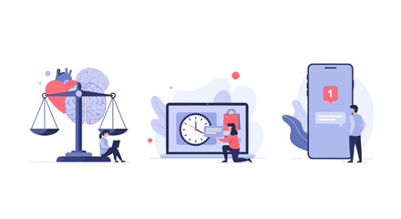 Illustrations depicting concepts of health management time efficiency and digital communication