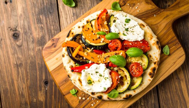 Vegetarian flatbread with roasted vegetables and cheese