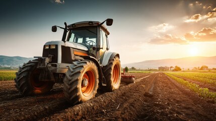 Fototapeta premium Rear Angle View of a Rugged Tractor Plowing a Sunlit Field at Golden Hour