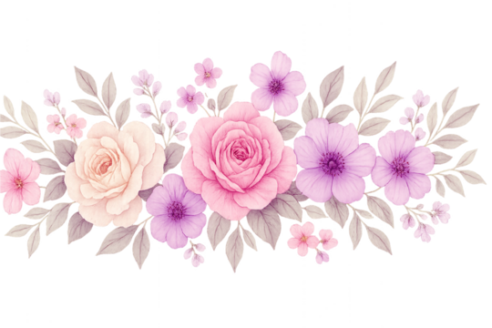 Watercolor Floral Arrangement with Pink and Purple Flowers PNG