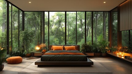 Modern bedroom with stunning views of lush greenery and natural light