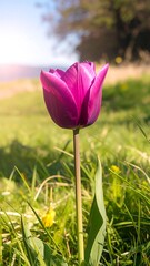 Vibrant purple tulip in a grassy field