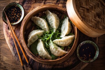 Top-down view of Chinese vegetable dumplings in a bamboo steamer with dipping sauce