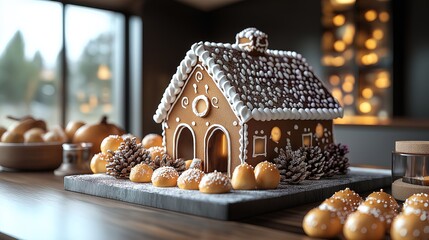 Gingerbread house centerpiece brightens the cozy dining room table