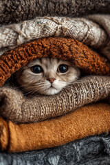 Charming cinematic studio scene of Scottish fold cat blankets in muted autumn hues, kitten nose peeking through, highlighting cozy seasonal atmosphere and warm, soft textures.
