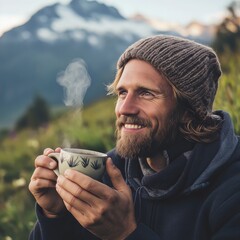 Man enjoys warm herbal tea while surrounded by stunning mountain views