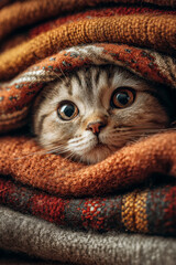 Cinematic studio photography of stacked Scottish fold cat blankets in warm autumn tones, with a curious kitten nose peeking through, cozy seasonal textures and inviting charm.