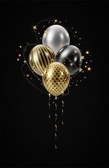 3D realistic bunch of gold black balloons. Huge luxury bouquet