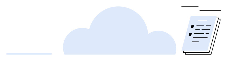 Minimalist representation of cloud computing with documents being uploaded or stored. Ideal for data management, cloud-based storage, file sharing, online synchronization, digital organization