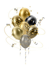 3D realistic bunch of gold black balloons. Huge luxury bouquet