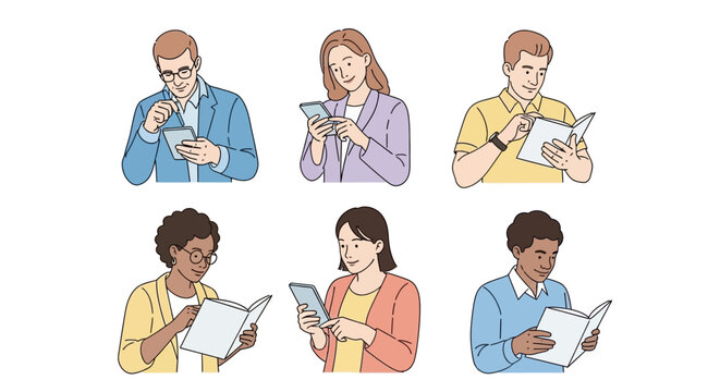 Diverse individuals engrossed in reading various materials showcasing individual learning and engagement with information in a modern setting