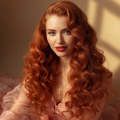 A beautiful woman with long, vibrant orange-red curls wearing an elegant flowing dress 