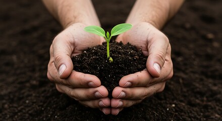 The start of a new harvest A gardener holds a fresh sprout in a field at sunrise, a powerful image for agriculture, gardening, and organic farming