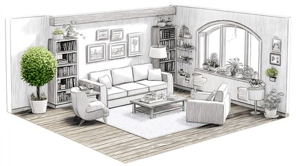 Detailed architectural illustration of a classic living room with an arched window and green plants.