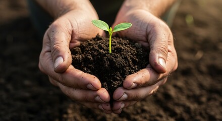 Planting a new life. A small plant grows from the soil in caring hands against a warm, sunny background, illustrating investment and a green future