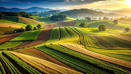 Fototapeta premium Picturesque Farmland Vista with Rolling Hills and Golden Sunrise, Agriculture Field