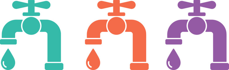 Water tap icons vector, dripping faucet, conserve water symbol, colorful design, environmental awareness, save water concept, minimal, isolated, clean, graphic