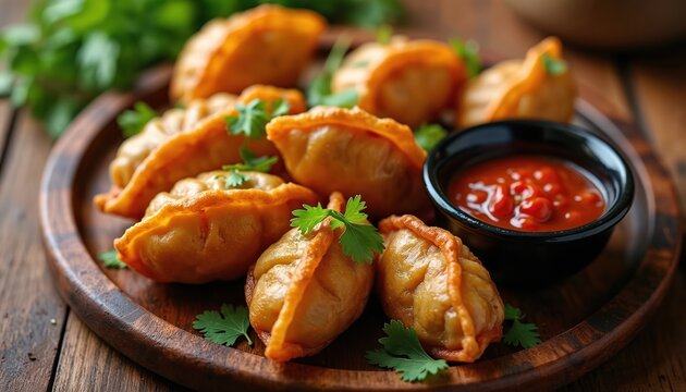 Crispy fried vegetable momos, savory vegetarian snack from Asian cuisine, presented top-down on wooden plate with chili dipping sauce. Delicious dumplings offer flavorful fusion, comforting,