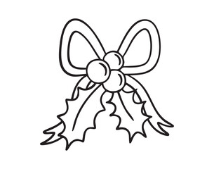 christmas bow with holly berries, monochrome line art hand drawn style, monochrome line art doodle hand drawn cartoon icon element