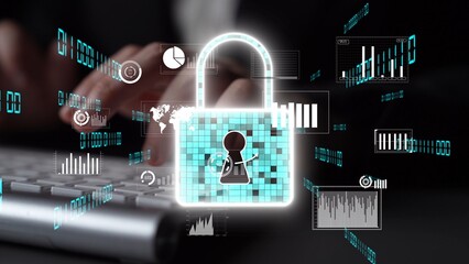 Visual representation of cyber security with a digital lock, data analytics, and graphs, emphasizing the importance of data protection and privacy in the digital world. Xenic