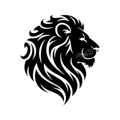Fototapeta premium Vector lion silhouette logo, a stylish isolated king of the jangle lion head with flowing mane, a minimalist and diametric lion design on white background for logo, branding, and Illustration