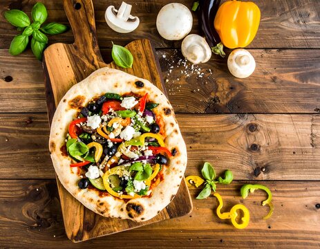Vegetarian pizza with colorful toppings on a wooden board