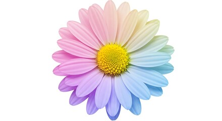 Fototapeta premium Beautiful Pastel Rainbow Daisy Flower with Yellow Center, Multi-colored Gradient Petals for Soft Spring Backgrounds, Child Care and Positive Vibes Designs