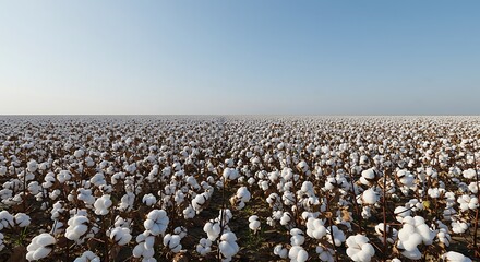 Cotton Field A vast expanse of fluffy cotton plants stretches towards the horizon under a clear sky, portraying a symbol of abundance, growth, and the raw materials of comfort