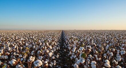 Cotton Field Under Blue Sky A vast cotton field stretches towards the horizon beneath a clear blue sky, offering a glimpse of natural abundance and agricultural enterprise