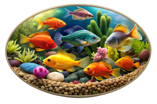 A vibrant underwater scene featuring a school of colorful goldfish swimming amongst coral and aquatic plants in a glass bowl, perfect for aquarium enthusiasts and aquatic life art