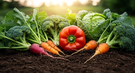Fresh Harvest A colorful assortment of freshly picked, vibrant vegetables, each one a testament to the bounty of the garden, are arranged on a bed of rich soil, illuminated by natural sunlight