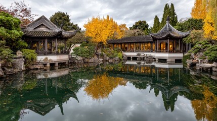 Fototapeta premium Serene Chinese garden pavilion, reflected flawlessly in a tranquil pond, showcasing autumnal foliage and intricate architecture.